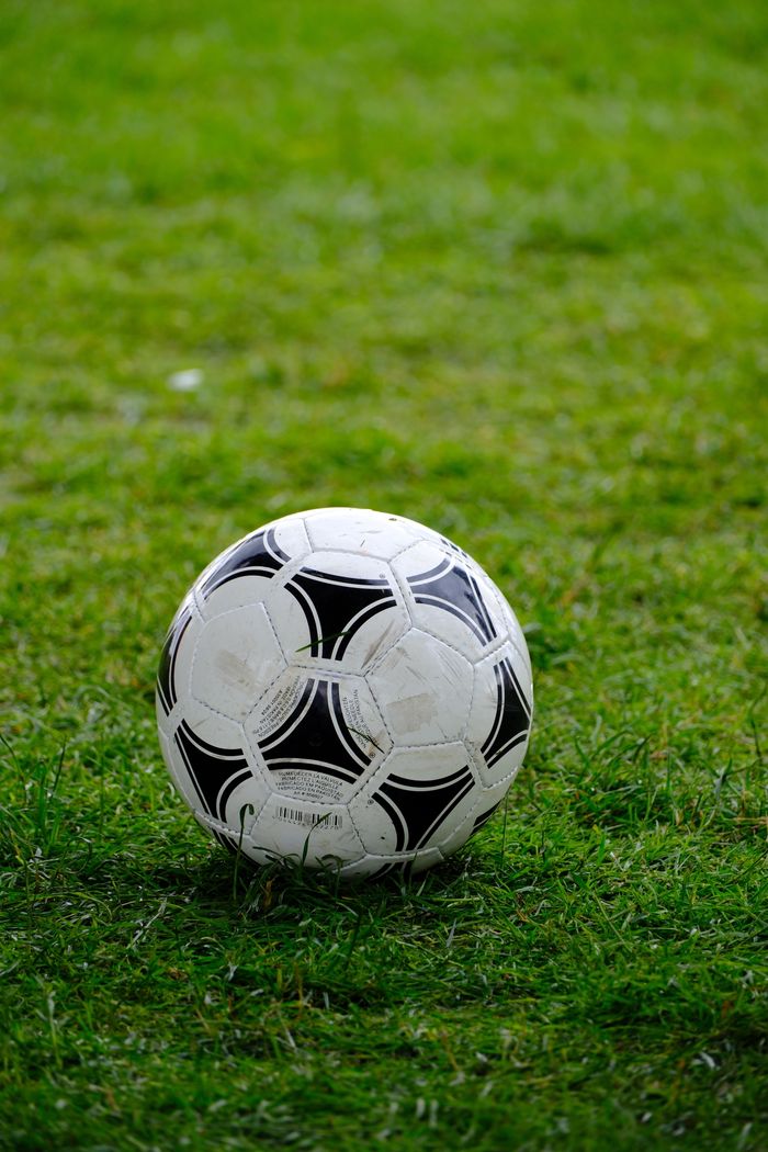 Services Close-up of a classic soccer ball resting on a lush green field.